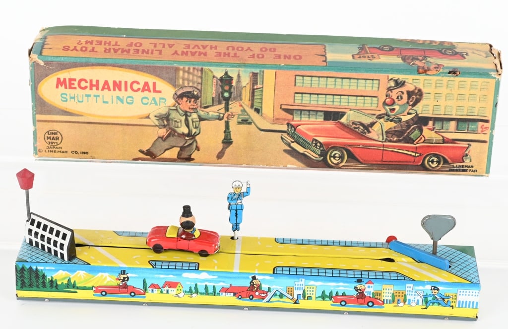 LINEMAR TIN WINDUP SHUTTLING CLOWN CAR w/ BOX (1 of 6)