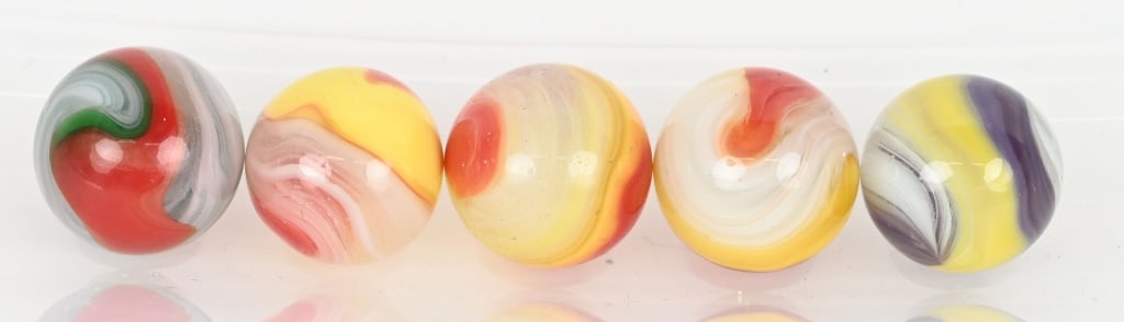 5- AKRO AGATE POPEYE SHOOTERS: All in great condition. Largest 3/4"