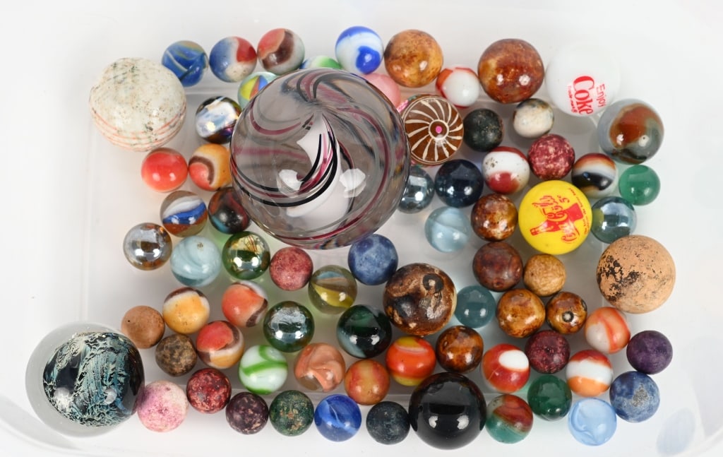 LOT OF MARBLES: Includes Antique and Modern marbles. Various conditions. 2 1/4"