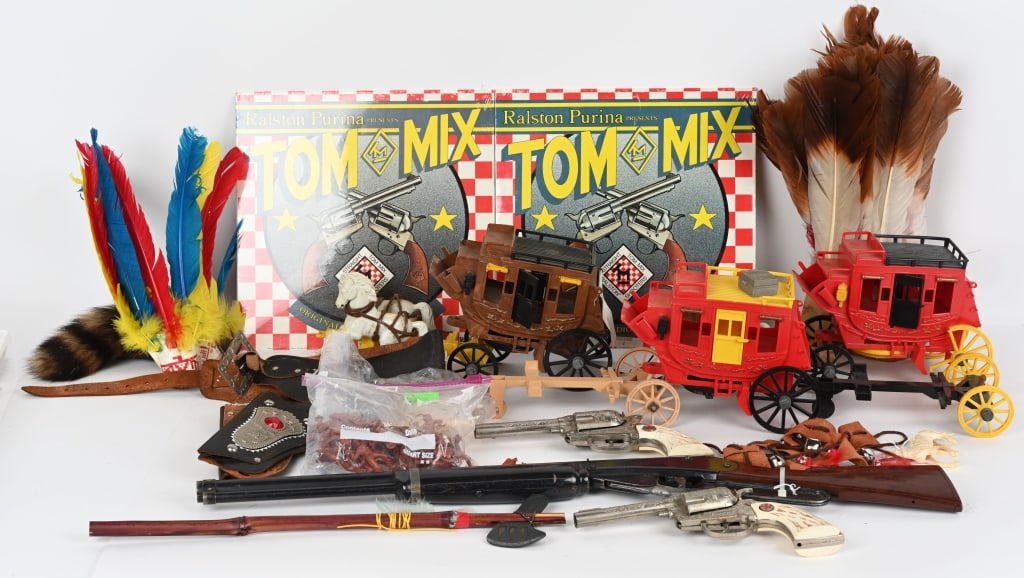 COWBOY & INDIAN LOT: Includes Cap Guns, Holsters, Indian Dress, Toy Rifle, Plastic Wagons, and more. AS-IS