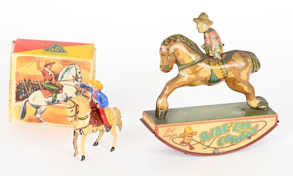 TIN WINDUP GNK COWBOY & WYANDOTTE RED RANGER: Both all original and work. GNK Cowboy in Box. Largest 6 1/2" Excellent