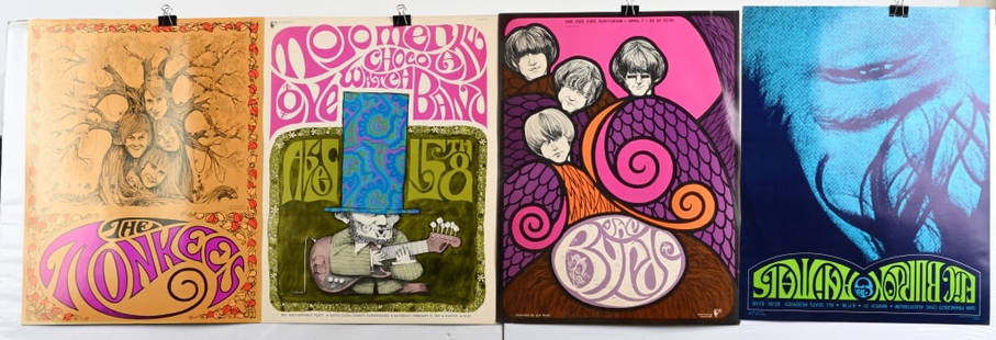 7- 1960s CONCERT POSTERS: Includes The Birds, Jefferson Airplane, Eric Burdon & bAnimals, Mojo Men & Chocolate Watch Band, The Monkees, and 2 Syndicate of Sound & Chocolate watch Band & Jaguars People. All measures around 22"x