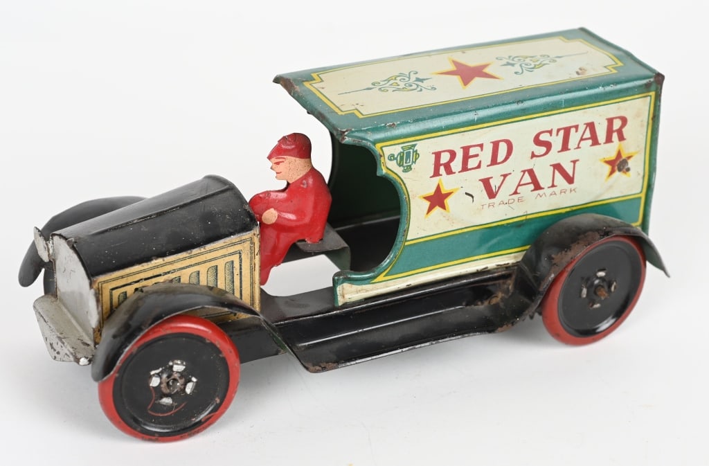 STRAUSS TIN WINDUP RED STAR VAN (1 of 5)