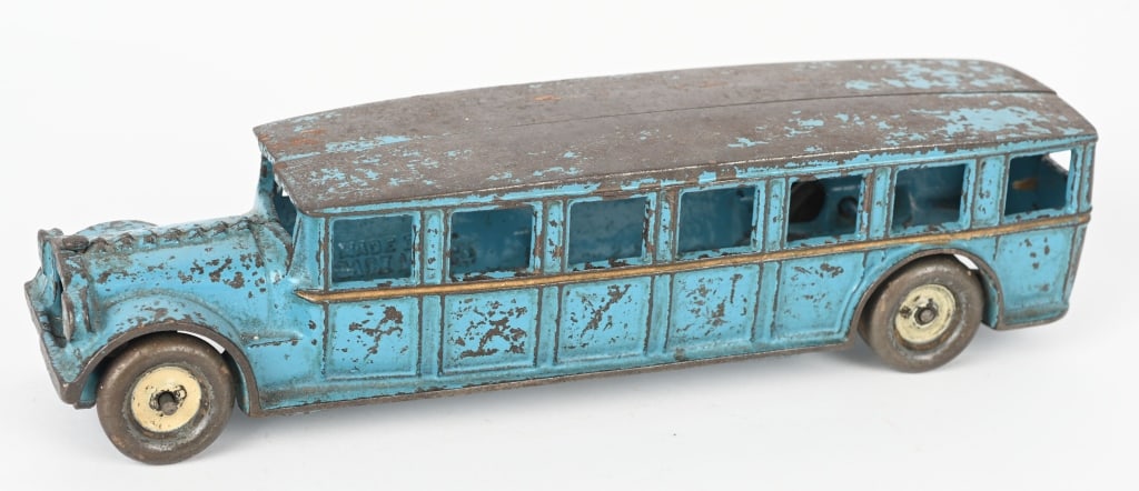 ARCADE CAST IRON FAEGOL SAFETY COACH 12": All original with no cracks or repairs. Dual rear wheels, missing driver. 12" Very Good