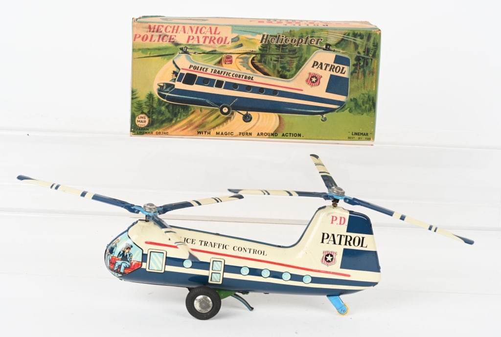 JAPAN LINEMAR TIN WINDUP PATROL HELICOPTER w/ BOX (1 of 5)