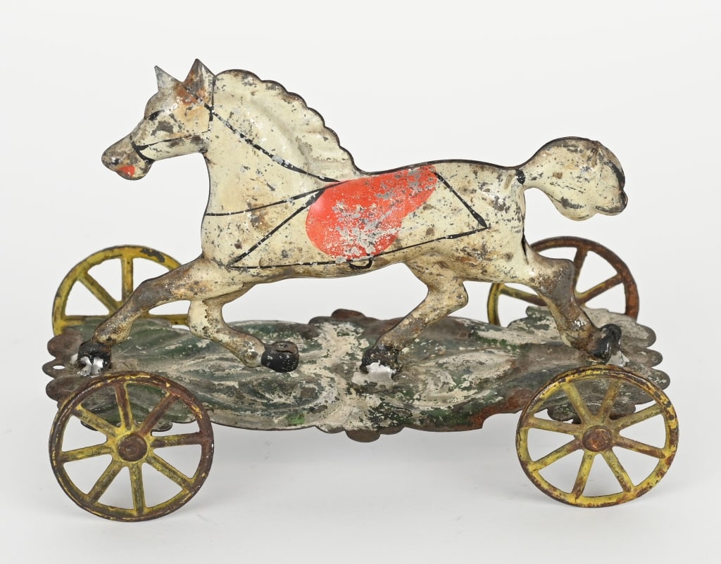 AMERICAN TIN HAND PAINTED HORSE ON PLATFORM (1 of 5)