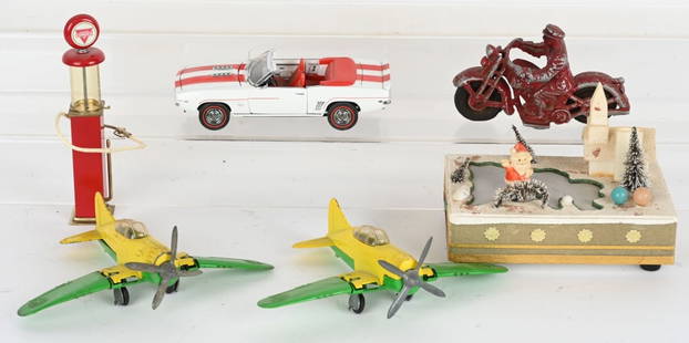 LOT OF VINTAGE & MODERN TOYS: Lot includes 1. 8" Danbury Mint diecast 1969 Camaro SS, 2. 2 Hubley folding wing dicast airplanes, 9" WS, 3. 6" Aluminum Patrol motorcycle, 4. Modern Conoco gas pump. 5. Japan Skating Santa Claus musi