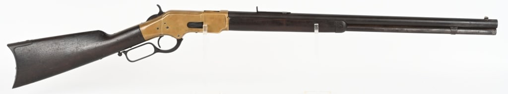 WINCHESTER MODEL 1866 LEVER ACTION RIFLE: SERIAL NUMBER: 164793. BARREL: 24". CALIBER: .44 RIMFIRE. MANUFACTURED: 1886. Fourth model, late production gun, with iron mountings and trapdoor butt plate. Two line company address/patent dates on t