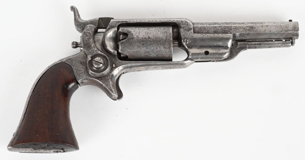 COLT MODEL 2 ENGRAVED ROOT REVOLVER: SERIAL 8895. BARREL 3.5". CALIBER .28 PERCUSSION. MADE 1855-61. Fine bank note scroll engraved , octagon barrel, Hartford address with pointing finger, spur trigger, walnut grips, Indian cabin scene r