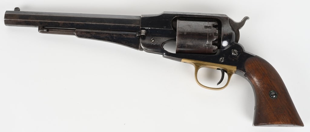 EXTREMELY FINE REMINGTON 1858 NEW MODEL MARTIAL: SERIAL 65233. BARREL 8". CALIBER .44. MFG 1864, Very nice martially marked Remington New Model Revolver. Has inspectors marks: "L" on left side barrel, "W" left side frame, "H" on right side of barrel