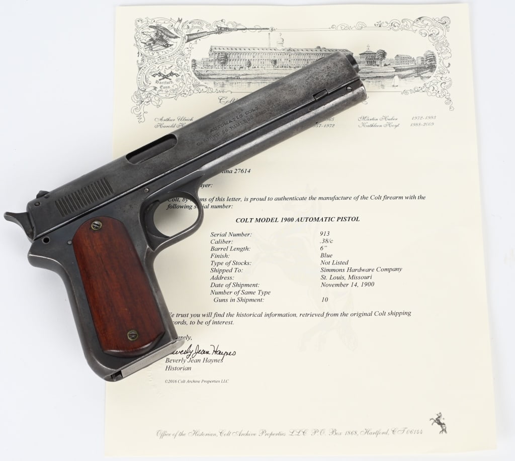 COLT MODEL 1900 SEMI AUTO PISTOL: SERIAL 913. BARREL 6". CALIBER 38 ACP. Factory letter states this gun shipped on November 14, 1900 to Simmons Hardware Co. in shipment of 10 guns , blue finish, grips not listed. The original sight sa