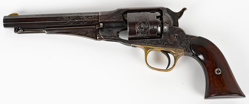 ENGRAVED REMINGTON NEW MODEL POLICE REVOLVER: SERIAL NUMBER 16517. BARREL 5 1/2"". CALIBER .36 Percussion. MFG 1865-1873. Handsome engraved New Model Police 5 shot revolver. Profusely engraved with geometric designs on barrel, frame cylinder , lo