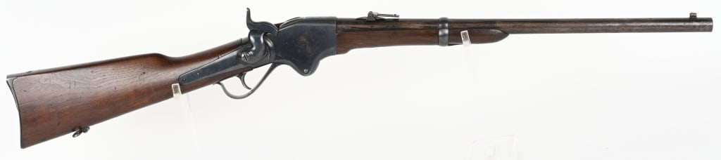 ARSENAL REFURBISHED CIVIL WAR SPENCER CARBINE: SERIAL NUMBER 36640 BARREL 22" CALIBER 56-50 SPENCER MANUFACTURED 1860-64. Blue finished lever action carbine with butt fed tube magazine. 2 piece oil finished walnut stocks with saddle sling are and 