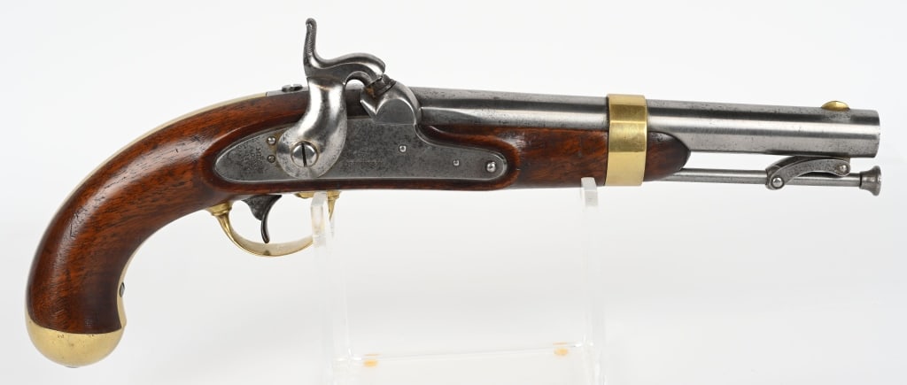 US MODEL 1842 JOHNSON MARTIAL PISTOL: BARREL 8 1/2" CALIBER 54 SMOOTH BORE MANUFACTURED 1853. Produced by Johnson of Middleton CT, with one piece walnut stock , brass butt cap and barrel band. Round smooth bore barrel with swivel rammer. 