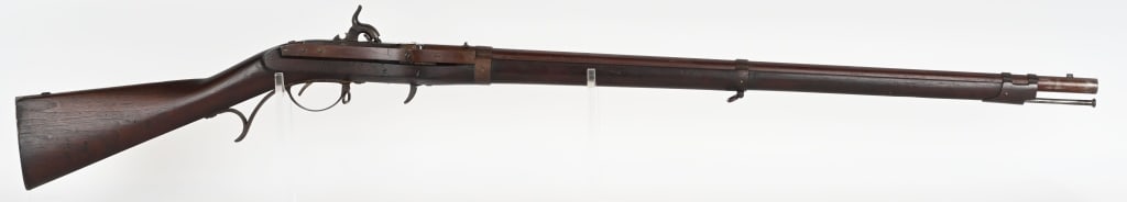 U.S. MODEL 1819 HALL 52 CAL, BREECHLOADING RIFLE: BARREL 32 5/8" CALIBER 52 RIFLED MANUFACTURED 1831. Tilting breech design with rifled bore, one piece walnut stock with brown finish. Stud front sight / bayonet lug for socket bayonet. Drift adjustabl