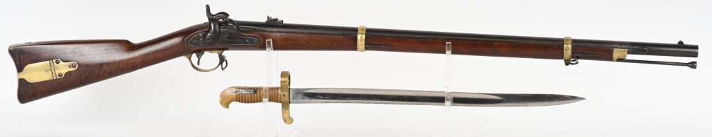 REMINGTON MODEL 1863 CONTRACT ZOUAVE RIFLE: BARREL 33". CALIBER .58. MADE 1862-1865 AKA ZOUAVE RIFLE. Dated 1863 on lock. Has right side bayonet lug and comes with B. H. inspected , brass handle, bayonet. Barrel breech markings are faint. Featu