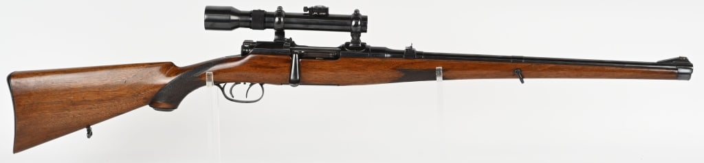 MANNLICHER SCHONAUER MODEL 1908 WITH AJAX SCOPE.: SERIAL NUMBER: 13448. BARREL: 19-1/4". CALIBER:8X56MS. MANUFACTURED: CIRCA 1910. High quality bolt action sporting rifle built by Mannlicher-Schonauer in Steyr, Austria. Blued round sporter weight bar