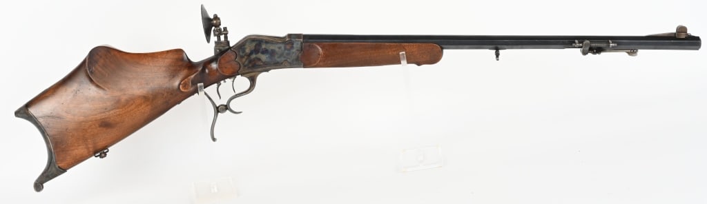 VERY FINE ZIMMERSCHUETZEN BY PETER KEMPTON 4MM: SERIAL NUMBER 262 BARREL 26" CALIBER 4MM MANUFACTURED CIRCA 1890. Full octagon barrel with Zimmerschuetzen rimfire mechanism. Hooded fine front target sight. Top barrel flat marked "PETER EPP. KEMPTON