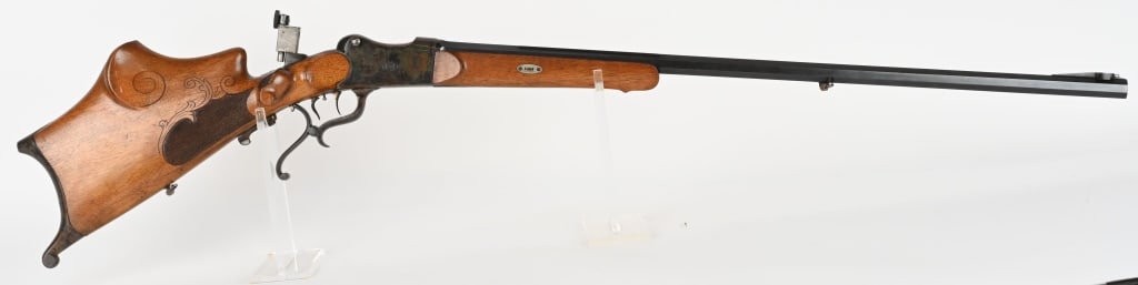 FINE CONDITION SCHUETZEN TARGET RIFLE: SERIAL NUMBER N/A BARREL 26" CALIBER 8X46R MANUFACTURED CIRCA 1890'S These German target rifles are always top quality with hand checkered stocks, fine engraving, target sights, etc and this is no exc
