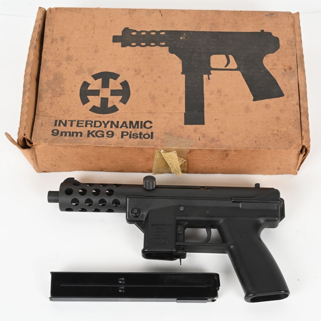 RARE PRE BAN INTERDYNAMIC KG-9 OPEN BOLT 9MM: SERIAL NUMBER: 00578. BARREL: 5". CALIBER: 9MM LUGER. MANUFACTURED: 1980S. Made for a short period in the early 1980s, before Interdynamic became Intratec, and Federal Law ended the production of open