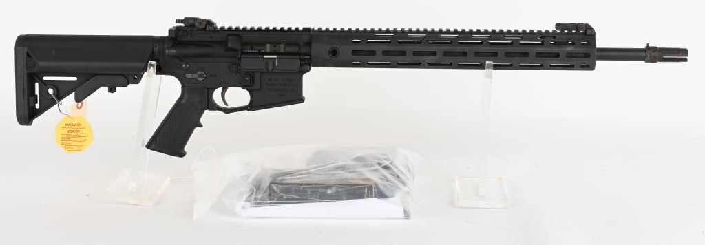 KNIGHTS ARMAMENT KAC STONER SR-15 LPR MOD 2 RIFLE: SERIAL NUMBER: KM910646. BARREL: 18-1/2". CALIBER: .223 REM/5.56X45MM. MANUFACTURED: 2010S. Factory barrel and burnt bronze colored, 3 pronged flash hider. Factory flip up front post and SCAR style re