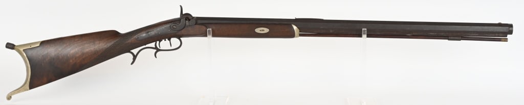 E. ANSCHUTZ PHILADELPHIA .41 PERCUSSION RIFLE: BARREL 29 1/4", CALIBER About .41. Features heavy octagon barrel with raise muzzle. Has back action percussion lock. Barrel and lock are marked E. Anschutz Philadelphia. Half stock is checkered at the