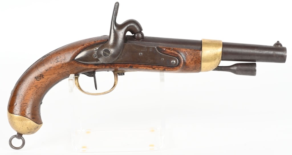 FRENCH MODEL 1822 CONVERTED CAVALRY PISTOL: BARREL 7 3/4", CALIBER .70. Model 1822 French Cavalry single shot pistol, arsenal converted from flintlock to percussion. CONDITION: Smooth metal with light markings with a pleasant brown patina. Bras