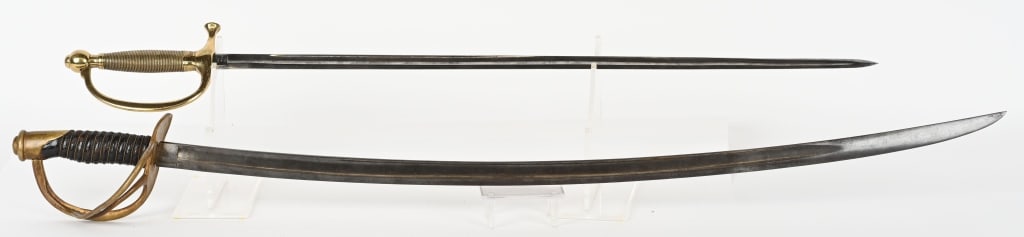 2- CIVIL WAR SWORDS, CAVALRY & MUSICIANS, 1864: Lot includes 1. Model 1860 Mansfield & Lamb Cavalry Sword. 34 1/2" blade dated 1864. Tight hilt retains most of leather wrap and braided brass wire. 2. Model 1840 Ames Musicians sword. 28" blade dated