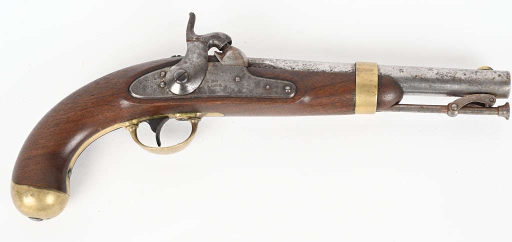 US MODEL 1842 H. ASTON PERCUSSION PISTOL: BARREL 8 1/2" CALIBER .54 MANUFACTURED 1847. Lock marked "US H. ASTON and MIDDtn CONN 1847" Round iron barrel with swivel ramrod. Barrel marked "US JH P". Brass fittings with brass barrel band. Walnut