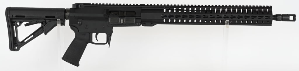 CMMG MK47 SEMI AUTO RIFLE IN 7.62X39: SERIAL NUMBER: KWT00767. BARREL: 16-1/2". CALIBER: 7.62X39MM. MANUFACTURED: 2010S. Factory barrel with a ported muzzle break. Flat top upper and Key Mod rail system. No iron sights. Black anodized fin