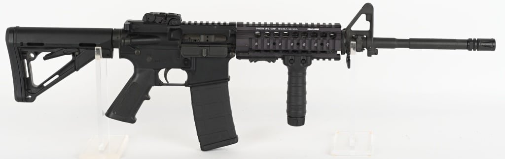 STAG ARMS MODEL STAG-15 SEMI AUTO RIFLE: SERIAL NUMBER: 26926. BARREL: 16". CALIBER: .223 REM. MANUFACTURED: 16-1/2". CALIBER: 5.56X45MM. MANUFACTURED: 2010S. Factory M4 profile barrel, with A2 flash hider and "1/9" twist rate. Standard gas