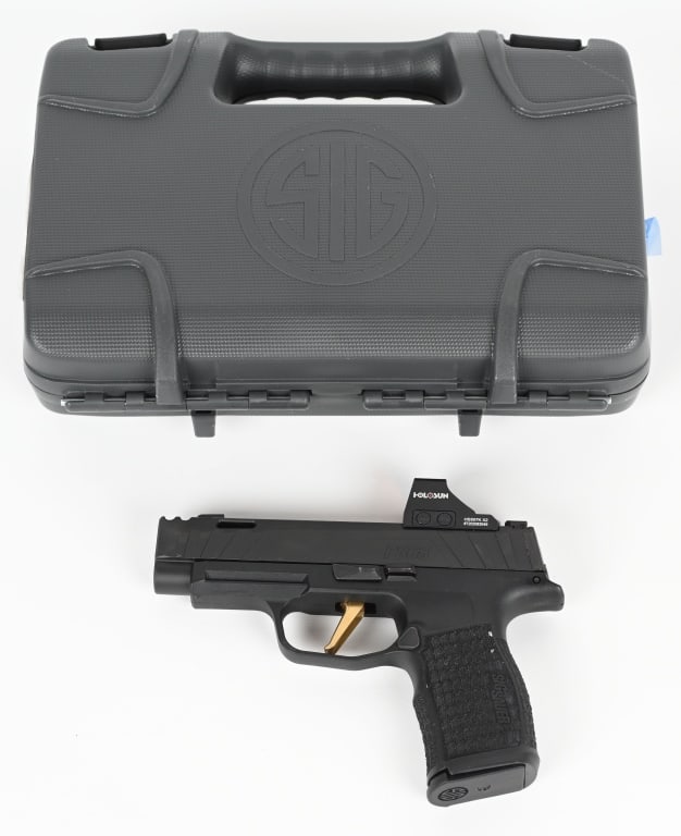 SIG SAUER P365 CUSTOM WORKS WITH HOLOSUN/CASE: SERIAL NUMBER: 66F117771. BARREL: 3". CALIBER: 9MM LUGER. MANUFACTURED: 2022. Custom works gun, with gold washed trigger and barrel. Factory 3-dot night sights. Matte finished, factory ported slide, a