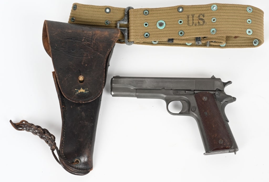 1911A1 WITH COLT SLIDE/U.S. 1942 SEARS HOLSTER: SERIAL NUMBER: A233674. BARREL: 5". CALIBER: .45 ACP. MANUFACTURED: 1960S. Frame is unknown, but possibly a Colt, that was professionally refinished/restamped. There is an "eagles head" style WW1 proo