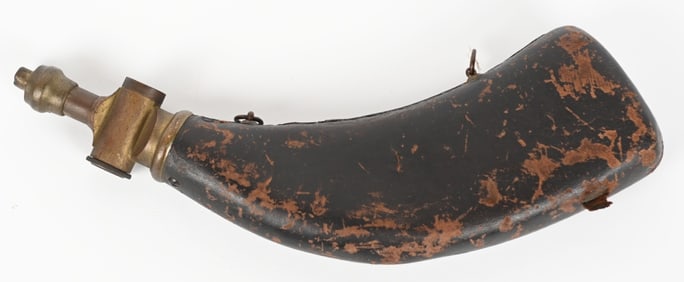 VERY LARGE SWISS LEATHER COVERED POWDER FLASK