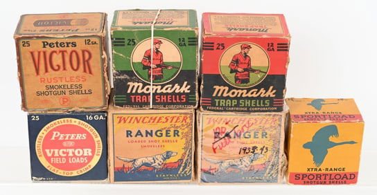 7- VINTAGE SHOTGUN FULL BOXES, 12, 16 & 20 GAUGE