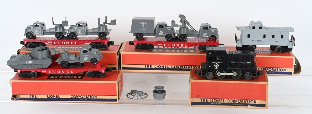 LIONEL 41 ARMY SWITCHER ENGINE & 4 CARS w/ BOXES: Includes 41 Army Switcher, along with cars Nos: 6804, 6806, 6808, and 6017. All are boxed. Excellent