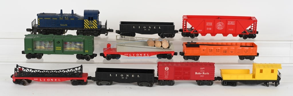 LIONEL 633 SANTA FE SWITCHER & 9 CARS: Lot includes 633 Santa Fe Switcher Engine, along with cars Nos: 3435, 3562-75, 6012, 6014, 6032, 6343, 6736, 6825 and work caboose. Condition varies. Very Good-Excellent