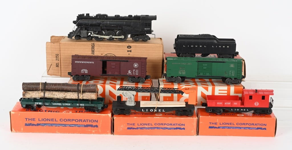 LIONEL 2056 LOCOMOTIVE, TENDER & 5 CARS w /BOXES: Includes 2056 Locomotive, 2046W Tender,a nd Cars Nos: 6512, 6361, 6464-75, 6464-200 and 6130. All boxed, Excellent