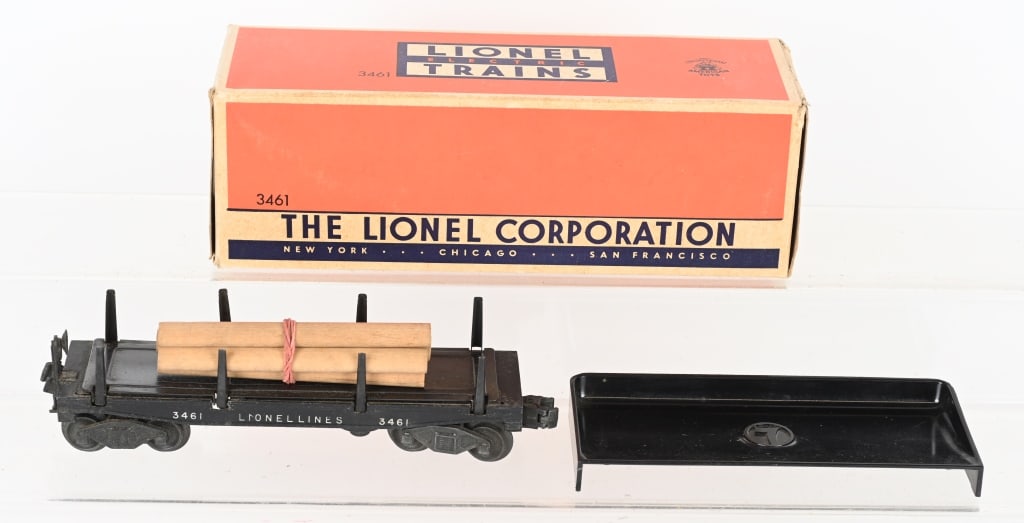 LIONEL 3461 AUTOMTAIC LUMBER CAR w/ BOX: Black car with rubber stamped lettering. Excellent