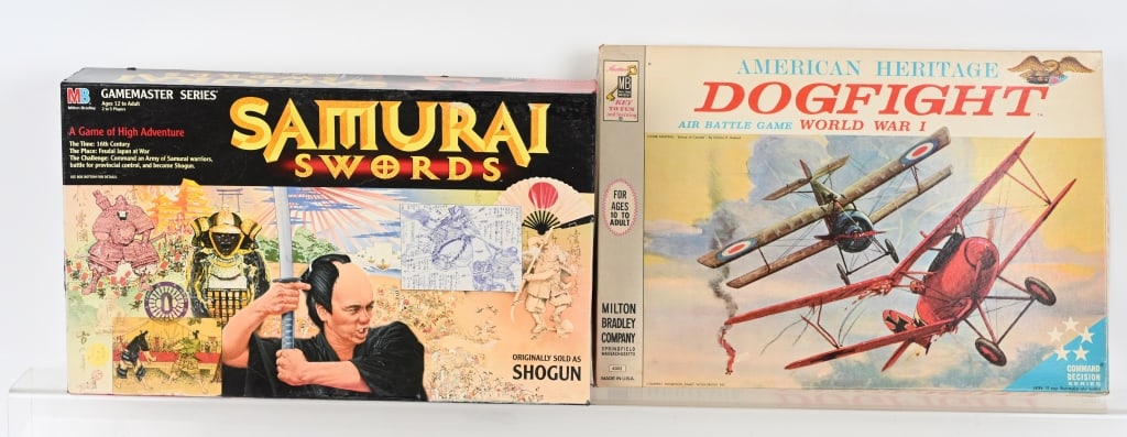 2- VINTAGE MILTON BRADLEY BOARD GAMES: Includes Samurai Swords and Dog Fight. Largest is 20" by 13" Very Good-Excellent