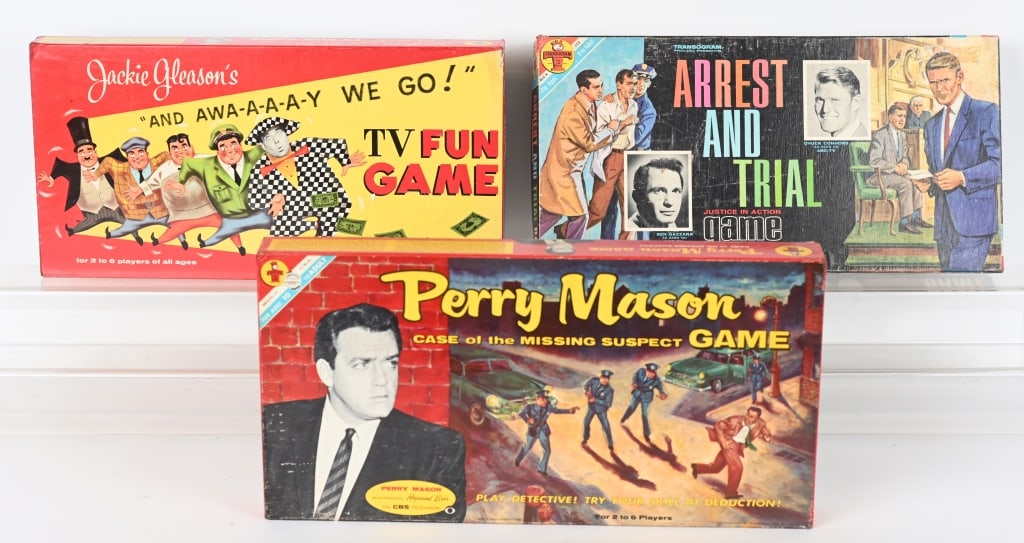 3- VINTAGE TRANSOGRAM GAMES: Lot includes Arrest and Trial Game, Perry Mason Game, and Jackie Gleason Game. Condition varies. AS-IS