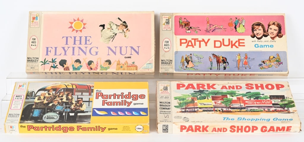 4- VINTAGE MILTON BRADLEY GAMES: Lot includes: The Flying Nun, Patty Duke, Park and Shop and Partridge Family. Condition varies. AS-IS