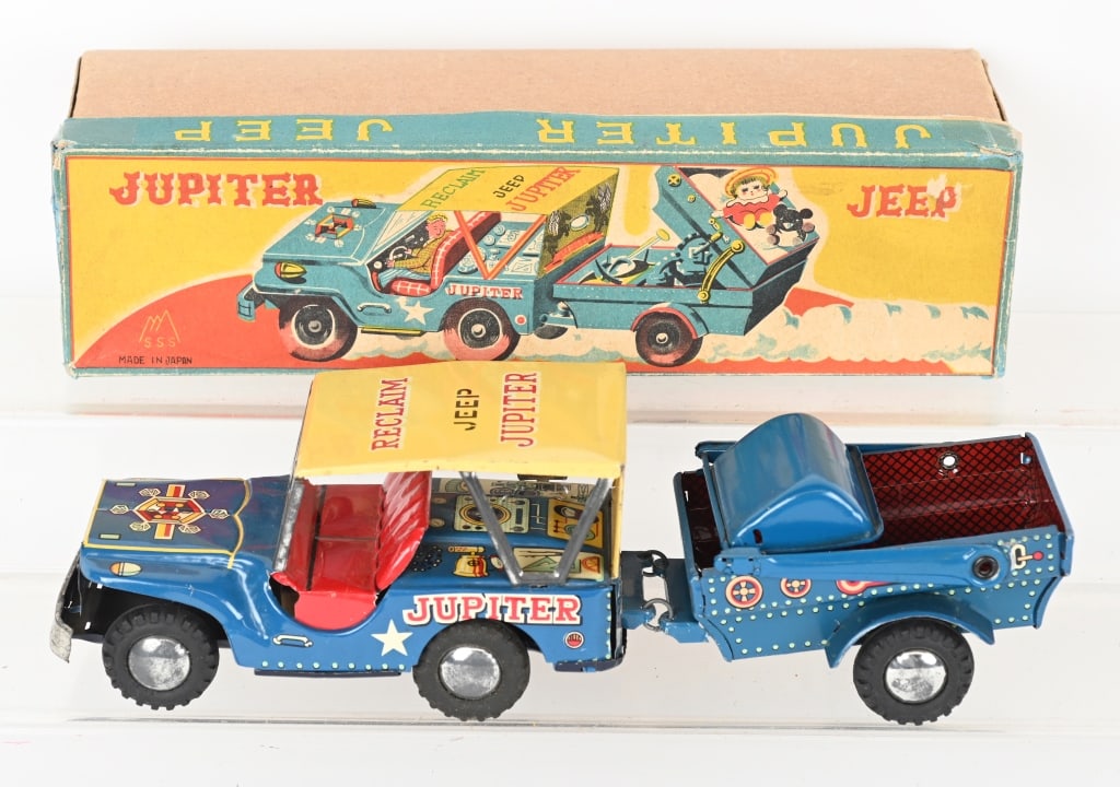 SSS JAPAN TIN FRICTION JUPITER JEEP w/ BOX: Japan tin friction Jupiter Jeep Reclaim Trailer. All original with nice graphics. Friction works. With Box. 12" Excellent