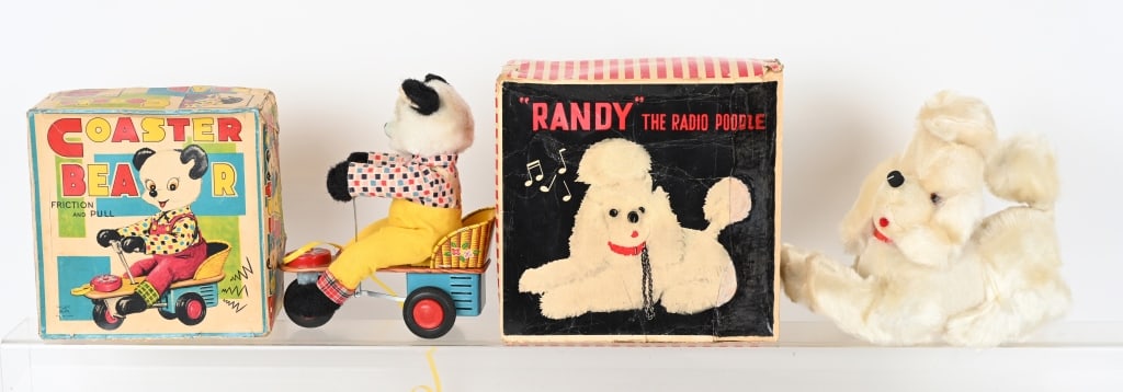 JAPAN COASTER BEAR & RADIO POODLE w/ BOXES: The friction Coaster Bear worked when tested. Randy The Radio Poodle is untested. Largest is 9" Very Good-Excellent