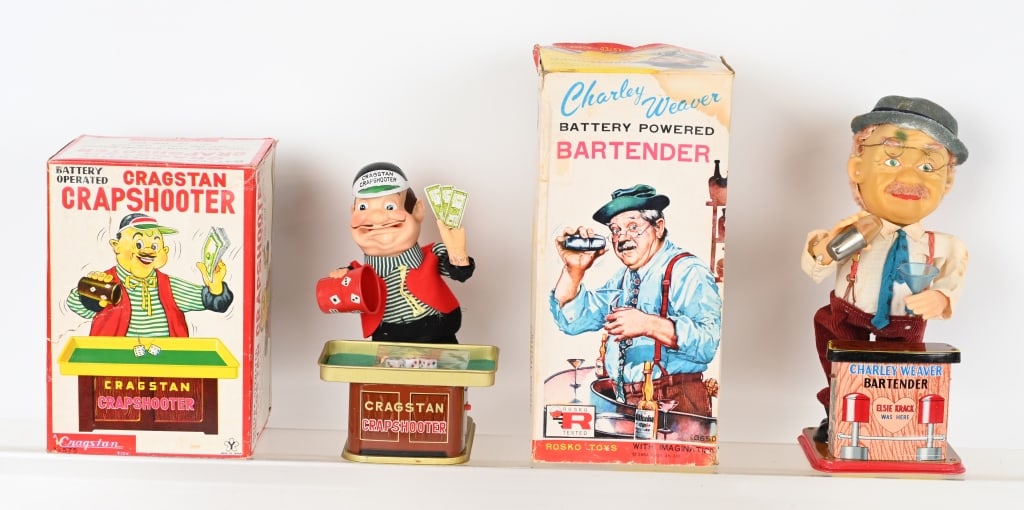 2- JAPAN BATTERY OPERATED TOYS w/ BOXES: Includes Cragstan Crapshooter, and Charlie Weaver Bartender. Both were not working when tested. Largest is 12". Excellent