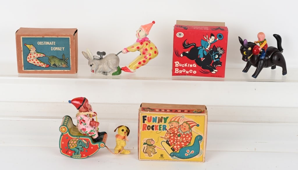 3- JAPAN WINDUP TOYS w/ BOXES: All worked when tested. The Bucking Bronco does not have a key. Largest is 5". Excellent-Near Mint