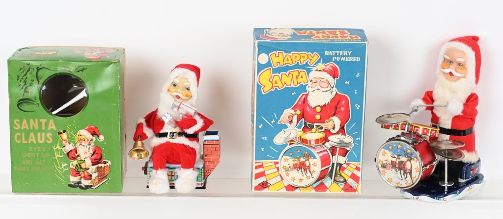 2- JAPAN BATTERY OP SANTA CLAUS TOYS w/ BOXES: Includes Happy Santa and Santa Bell Ringer. Both worked when tested. The drummer has a torn bass drum head. 9" Excellent