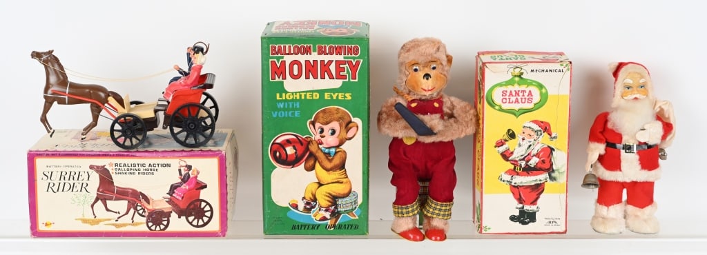 3- MECHANICAL TOYS w/ BOXES: The windup Santa Claus worked when tested. The two battery toys did not work. Largest is 10" Excellent