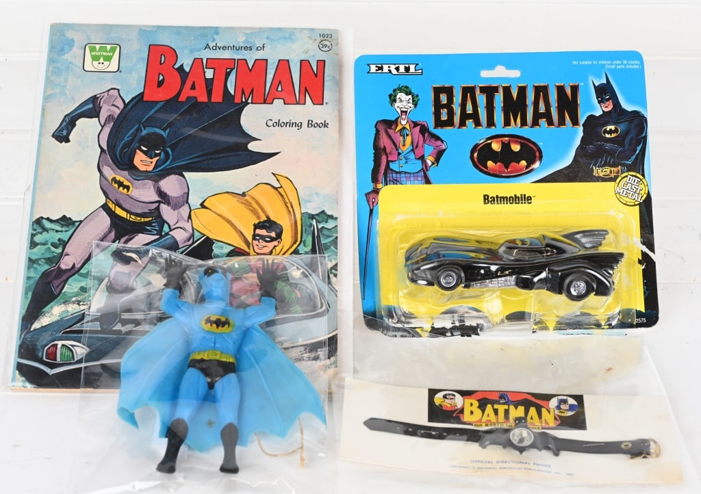 VINTAGE BATMAN LOT: Includes 1966 Coloring Book, Compass Watch, Die Cast Batmobile, and rubber figure. Excellent