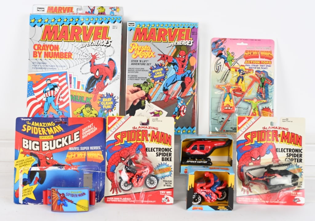 SPIDERMAN LOT: Includes Buddy L Electronic Spider Bike MOC, Buddy L Spider Bike in Box, Buddy L Spider Copter in Box, Buddy L Spider Copter MOC, Fleetwood Action Tops MOC, Marvel Crayon by Numbers in Box, Marvel Pre